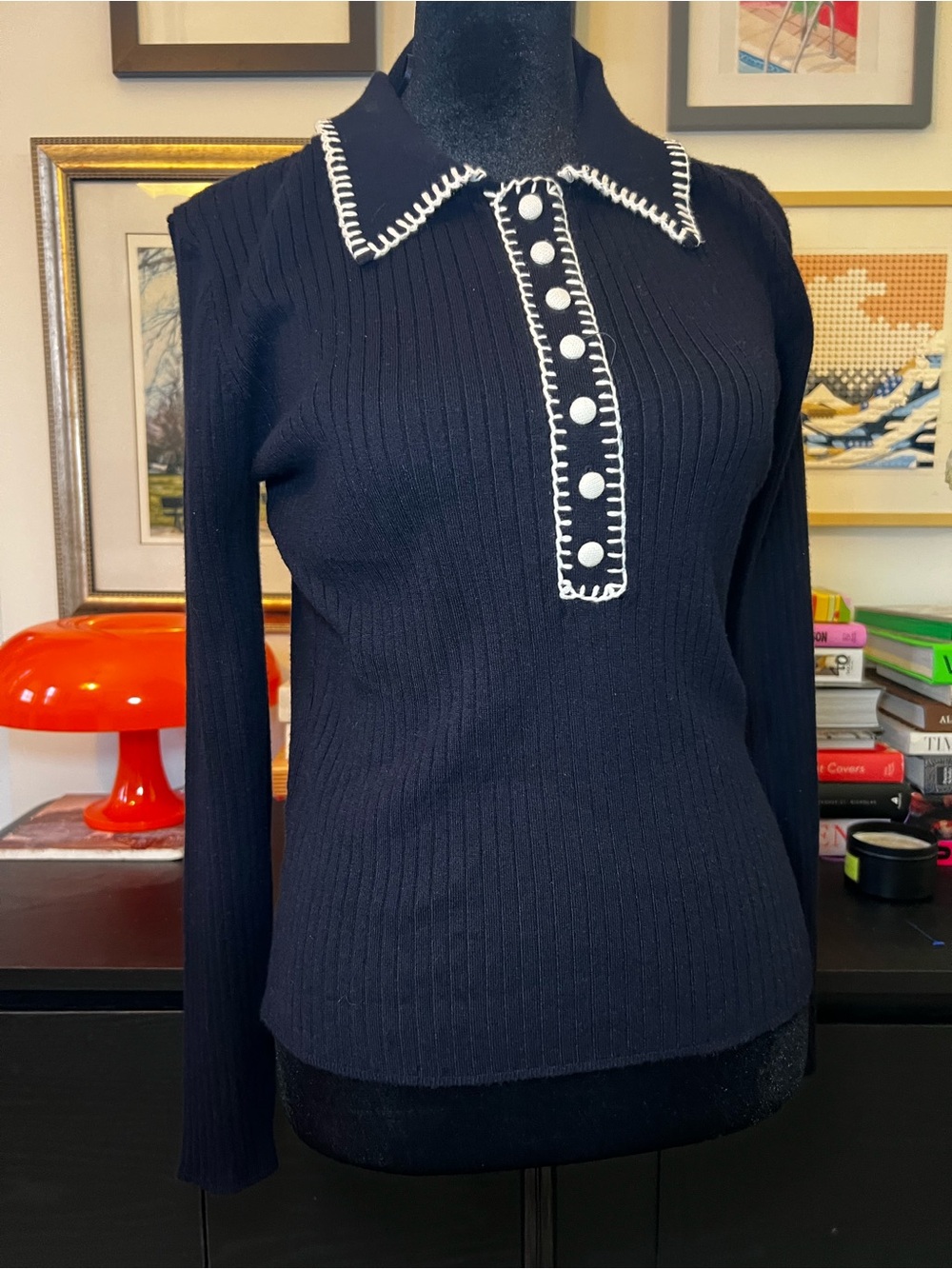 Joie Navy Long-Sleeve Polo Sweater with White Trim